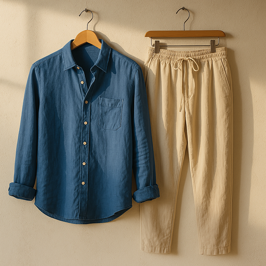 The Amalfi Linen Set in Blue and Beige — a refined, breathable ensemble of linen shirt and trousers, perfect for warm-weather sophistication, exclusively from Au Galleri.