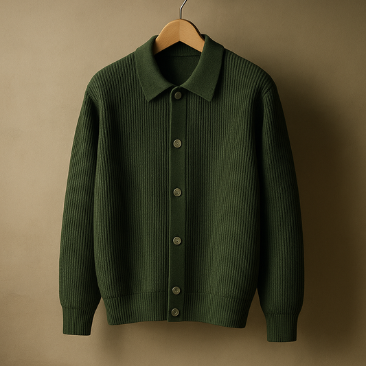 The Milan Cardigan in Green— a refined, soft, and timeless piece for sophisticated layering, designed exclusively by Au Galleri.